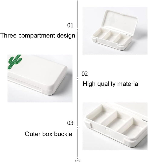 Daily Pill Box Case Waterproof Medicine Organizer for Travel Use - Mini Pill Container with 3 Compartments (Cactus)