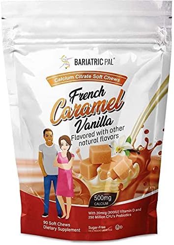 BariatricPal Sugar-Free Calcium Citrate Soft Chews, 500mg with Probiotics, 90 Count, French Caramel Vanilla