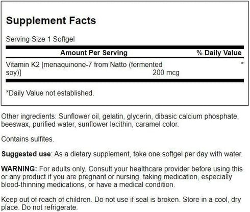 Swanson Maximum Strength Vitamin K2 (Menaquinone-7)-Vitamin Supplement Supporting Cardiovascular and Bone Health-Made from Japanese Natto to Help Regulate Calcium (30 Softgels, 200mcg Each)