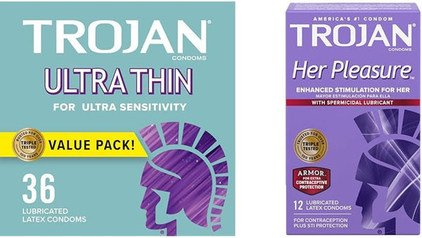 TROJAN Ultra Thin 36 Count Condoms and Her Pleasure Sensations 12 Count Spermicidal