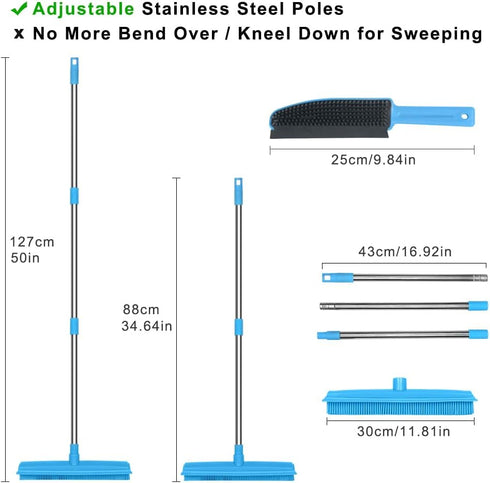 Landhope Fur Remover Broom, Rubber Broom with Squeegee Long Handle, 50 inches Sweeping Rug Brush