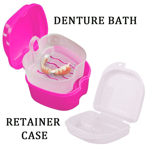Denture Bath Case Cup with Cleaner Brush & Retainer Holder Box, Complete Care for Dentures, Clear Braces, Pink