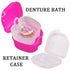 Denture Bath Case Cup with Cleaner Brush & Retainer Holder Box, Complete Care for Dentures, Clear Braces, Pink