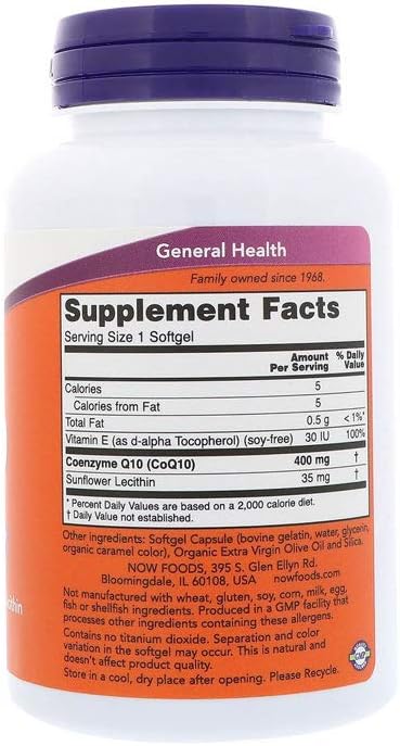 NOW Foods CoQ10 400 mg, Pharmaceutical Grade, All-Trans Form, 60 Softgels