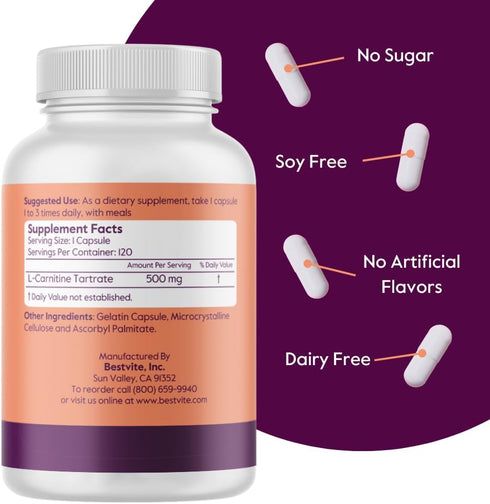 BESTVITE L-Carnitine Tartrate 500mg per Capsule (240 Capsules)(120x2) - Non-GMO, Gluten-Free, No Stearates