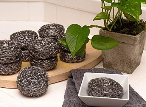 Stainless Steel Sponges Scourer Set with Handle, 12 Pack Large Kitchen Cleaning Tool