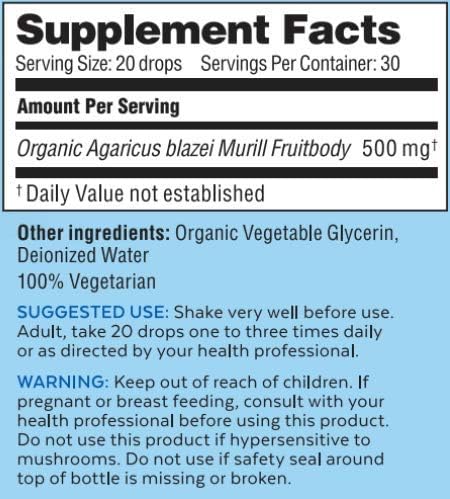 Immune 30 ml Agaricus Bio Super Liquid, Organic Blazei Mushroom Extract Tincture, Fruiting Body Beta-Glucan Drops