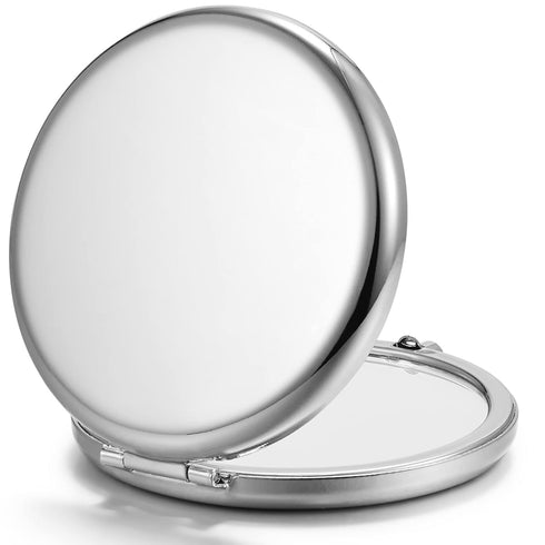 Compact Mirror for Purse, Double-Sided 1X/2X Magnifying Metal Pocket Makeup Mirror - Round, Silver