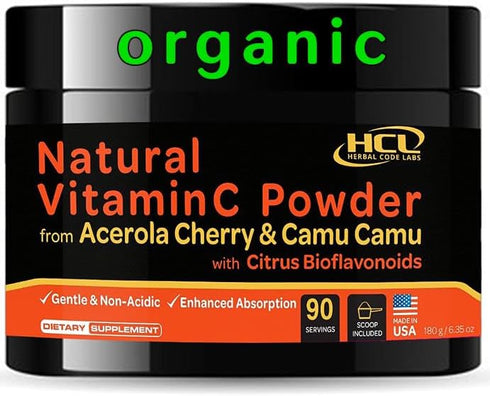 Natural Vitamin C from Organic Acerola Cherry & Camu Camu Powder, 90 Servings, Immune System & Collagen Booster