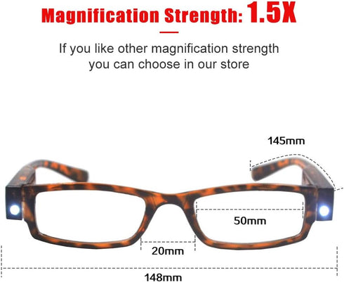 Bright LED Reading Glasses with Light - Compact Full Frame Eyewear for Clear Vision - Unisex (+150)