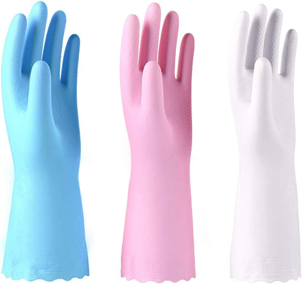Alimat PluS 3 Pack Reusable Cleaning Gloves, Latex Free Dishwashing Gloves with Cotton Flock Liner