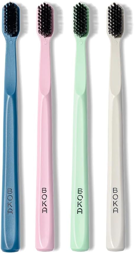 Boka Classic Manual Toothbrush, Extra Soft Activated-Charcoal Tapered Bristles, Bioplastic Handle, Multi Color (Pack of