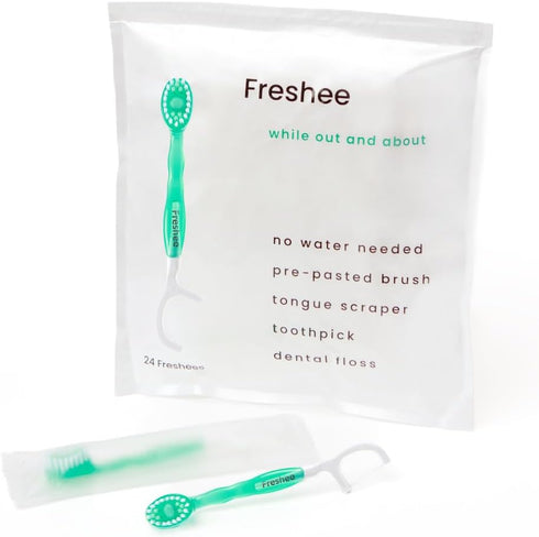 Freshee 5 in 1 Disposable Mini Toothbrush with Toothpaste, Floss, Pick, Tongue Scraper, Travel Size, Mint