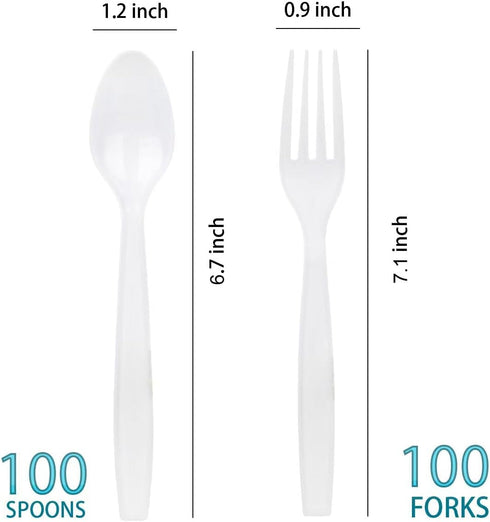 200 Count White Plastic Silverware, Heavy Weight Plastic Forks Spoons Disposable Utensils Cutlery Set for Wedding Party Supplies Everyday Use by MOACOCK