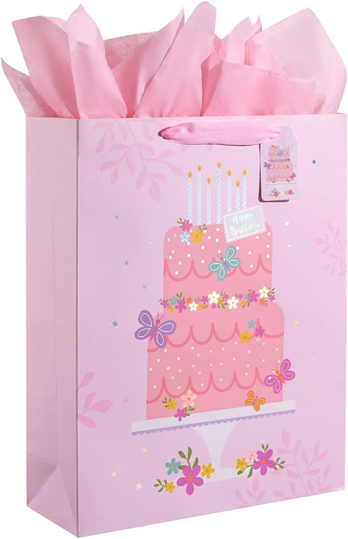 SUNCOLOR 16" Extra Large Gift Bag with Tissue Paper for Girls (Happy Birthday Cake)