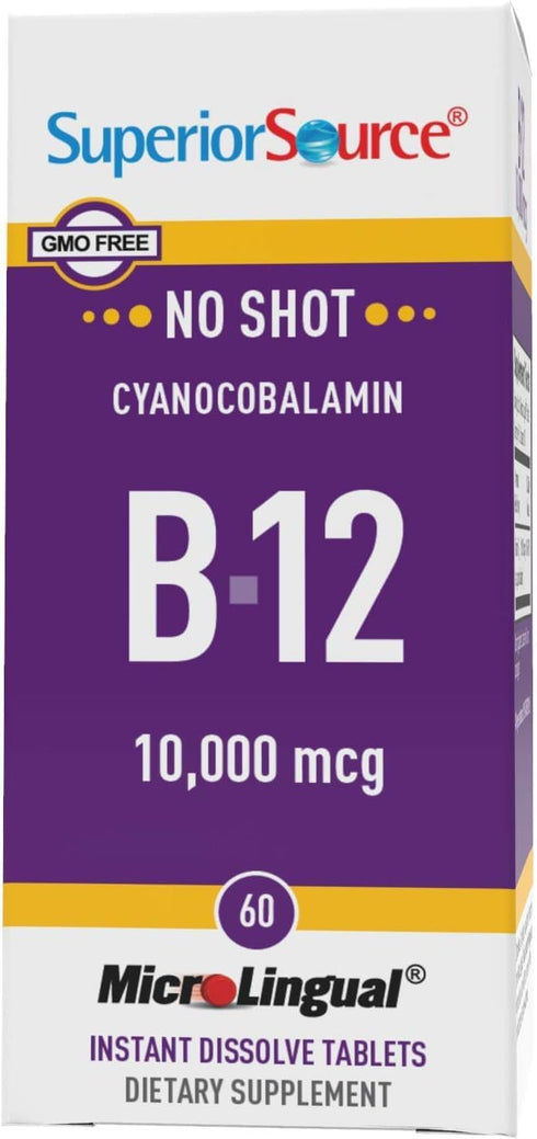 Superior Source No Shot Vitamin B12 10000 mcg, 60 Quick Dissolve MicroLignual Tablets for Energy Support