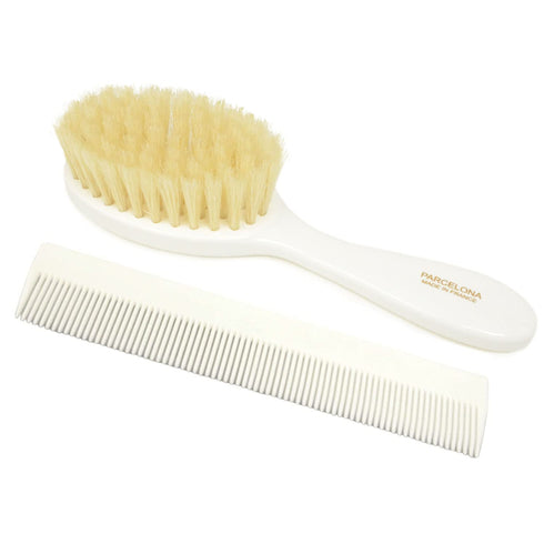 Parcelona French Grooming Combo, 6" White Celluloid Baby Brush and Comb for Girls and Toddlers Hair Styling
