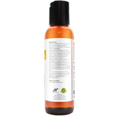 velona USDA Certified Organic Sunflower Oil, 2 Fl Oz - 100% Pure Carrier Oil for Cooking & Skin
