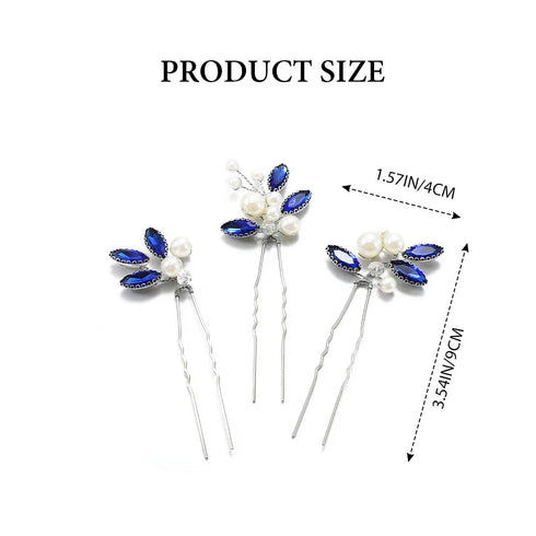 Latious Pack of 3 Bride Wedding Hair Pins, Pearl Bridal Hair Piece with Blue Crystal Hair Clips (Silver)