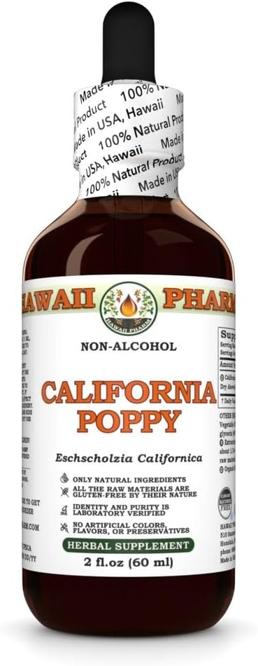 HawaiiPharm California Poppy Alcohol-Free Liquid Extract, Nervous System Calming Support, Glycerite 2 fl.oz