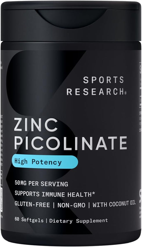 Sports Research Zinc Picolinate 50mg with Organic Coconut Oil - 60 Liquid Softgels, Highly Absorbable Zinc Supplement