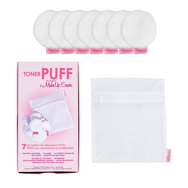 MakeUp Eraser Toner Puff Set, 7pc Reusable and Machine Washable Rounds with Laundry Bag Included