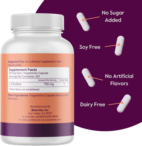 BESTVITE L-Citrulline 750mg per Capsule (120 Vegetarian Capsules) - Non GMO, Gluten Free, Vegan