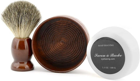 Pure Badger Hair Shaving Brush, Natural Wood Mug Bowl Hand-Made Soap Barber Set
