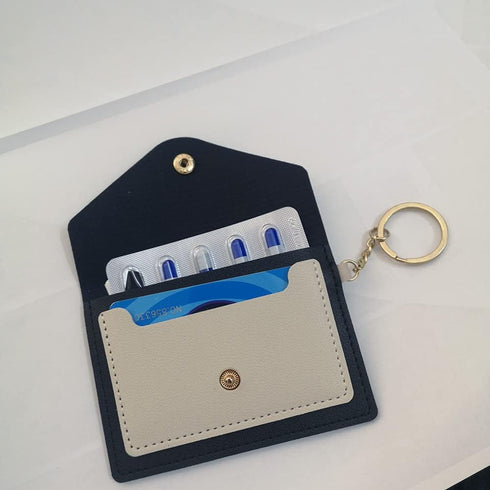 PU Leather Birth Control Pill Case Keychain Wallet (Black)