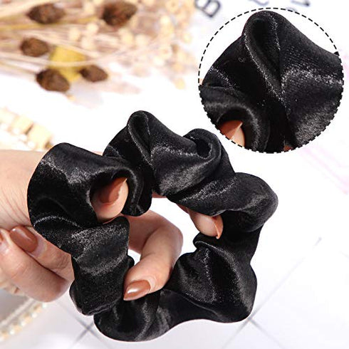 WILLBOND 24 Pieces Satin Hair Scrunchies, Silky Elastic Bands, Skinny Solid Hair Ties for Women, 2 Sizes (Black)
