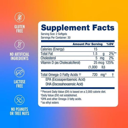 Omega-3 720mg D3 Immune 60 Count Oceanblue Supplement for Women | Burpless Fish Oil with Vitamin | Small Pills Easy