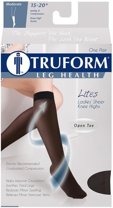 Truform Sheer Compression Stockings, 15-20 mmHg, Women's Knee High Length, Open Toe, Black, Large