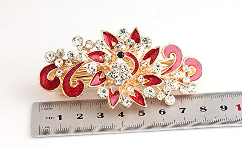 Women's Multilayered Peacock Shaped Rhinestone French Barrette Hair Clip - Red