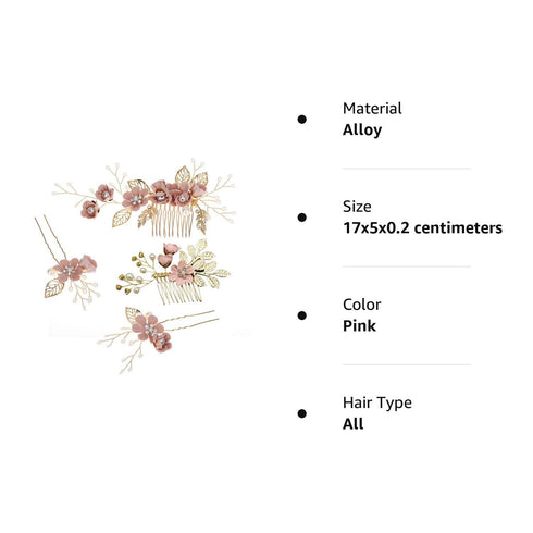 NUOBESTY 4Pcs Wedding Hair Clip Comb, Handmade Pearl Floral Leaf Hair Accessories for Women (Pink)