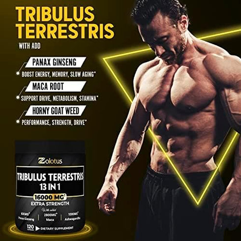 13in1 Tribulus Terrestris Capsules - 16000mg with Maca, Horny Goat Weed, Panax Ginseng & More, 120 Counts