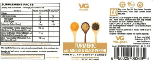 VitaGlobe Turmeric with Ginger and Black Pepper Gummy - Non-GMO, Vegan and Powerful Antioxidant, 30 Count (Pack of 1)
