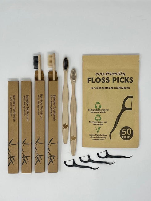 Sofi's Cute Corner Bamboo Toothbrushes, Soft Charcoal Bristles 4 Pcs, Eco Friendly Dental Floss Pick, Charcoal Thread