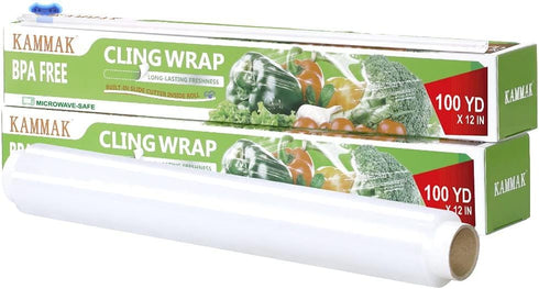 KAMMAK 12 inch 2 Pack 300 Plastic Wrap, Food Wrap with Slide Cutter, Cling Wrap Food Service Clear Cling Film Square FT