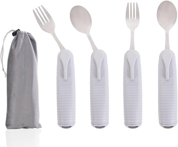 Adaptive Utensils Set for Hand Tremors, Angle Adjustable Silverware Aid for Parkinsons (4 Count: 2 Spoon + 2 Fork)