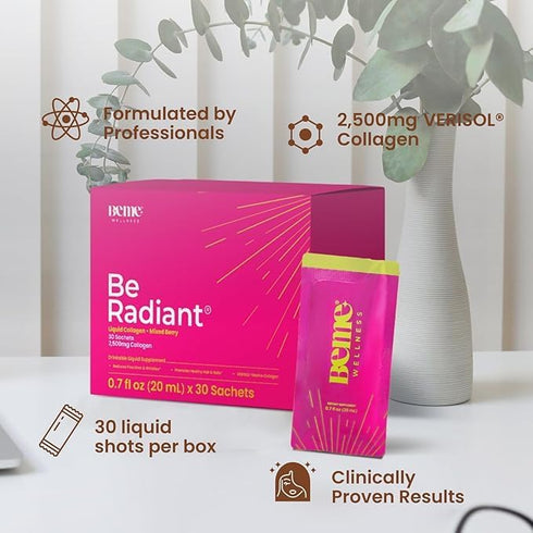 BeMe Liquid Collagen Drink, Be Radiant (Berry) - Drinkable Supplement with Collagen Peptides, Biotin, Vitamin C