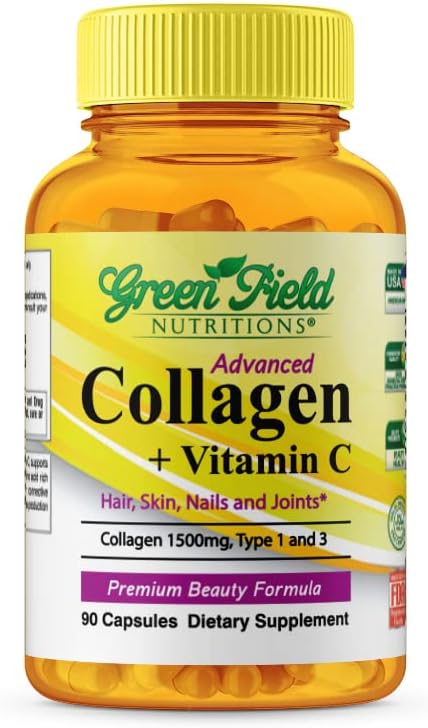 Greenfield Nutritions Halal Collagen Peptides - 1500 mg Type I & III with 300 mg Vitamin C for Hair, Skin, Nails &
