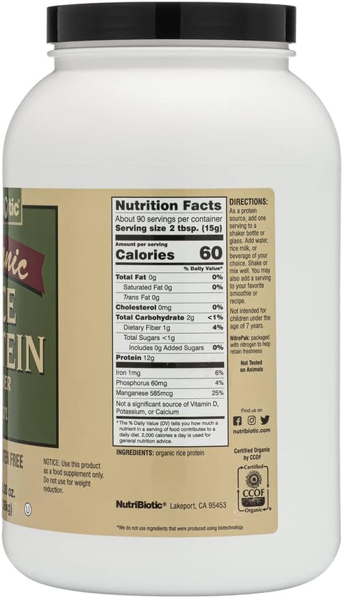 NutriBiotic Certified Organic Rice Protein Plain, 3 Pound | Low Carbohydrate Vegan Protein Powder