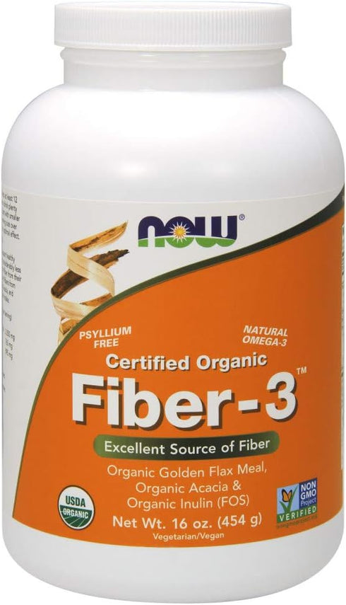 NOW Supplements Fiber-3, 16-Ounce, Certified Organic, Non-GMO Project Verified, with Organic Flax Meal, Acacia & Inulin