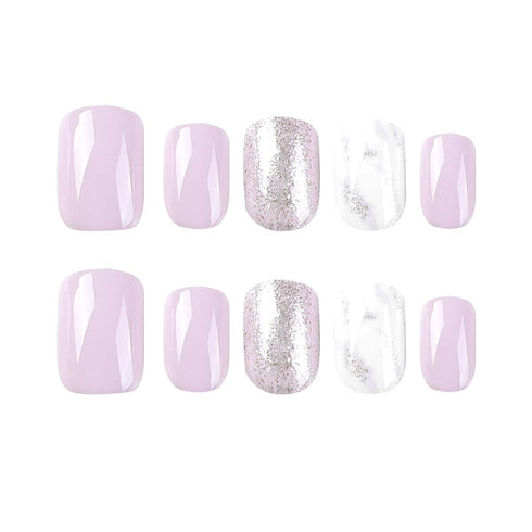 Square Press on Nails, Short Fake Nails with Glitter and Marbling Design, 24Pcs for Women Manicure