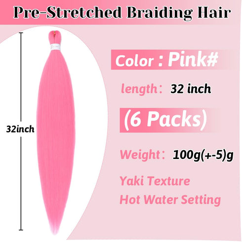 Pre stretched Braiding Hair 26 Inch Braiding Hair Extensions Hot Water Setting Synthetic Hair Pre Stretched Crochet Braids Hair(26 Inch,6 Packs,Pink#