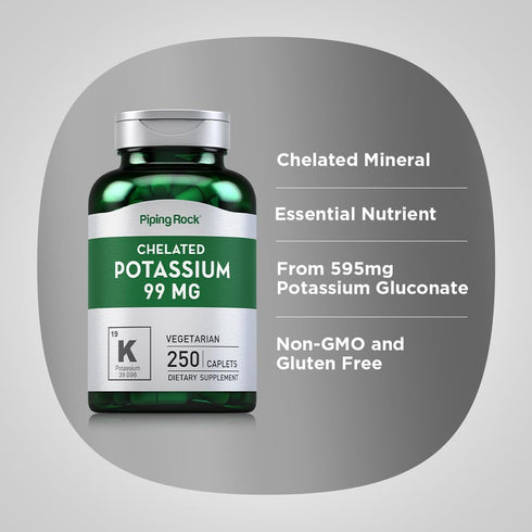 Chelated Potassium Supplement 99 mg by Piping Rock - 250 Caplets