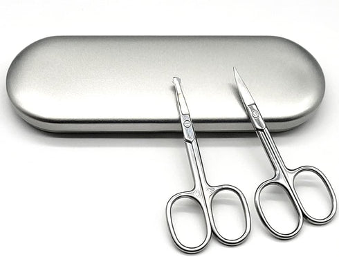 Stainless Steel Grooming Scissors Pack of 2 with Travel Case, Eyebrow, Nose Hair & Beard Trimming Kit