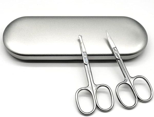 Stainless Steel Grooming Scissors Pack of 2 with Travel Case, Eyebrow, Nose Hair & Beard Trimming Kit