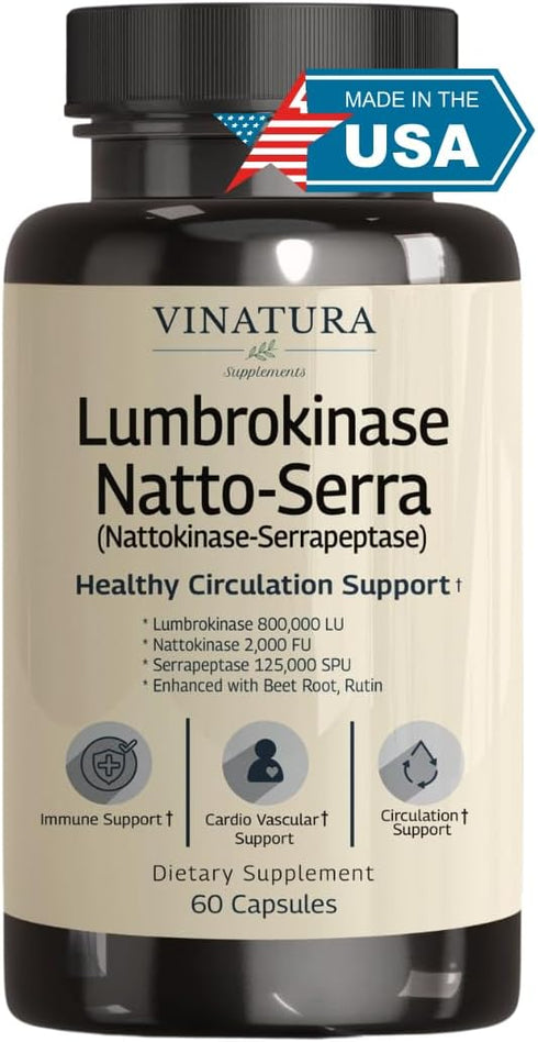 Lumbrokinase, Nattokinase 2000FU & Serrapeptase - USA Made Circulation Supplements with Rutin, Beetroot, Lumbrokinase