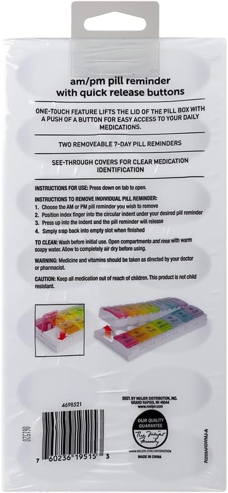 EZY DOSE Weekly Pill Case, 7-Day Medicine Planner, Vitamin Organizer, AM/PM Removable Trays, Easy to Use, Rainbow Lids